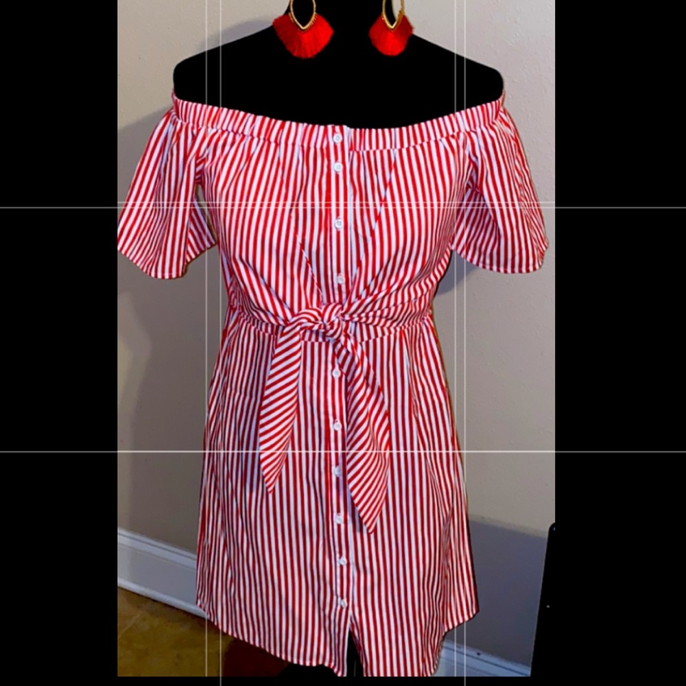 JUNIORS GO COCO RED STRIPED SEER SUCKER MINI DRESS MEDIUM